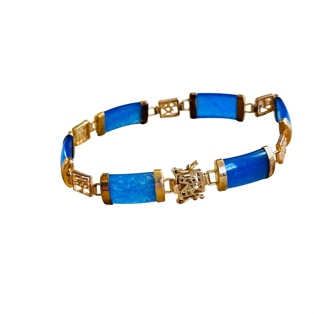 Good Fortune Lavender Jade Chinese Panel Bracelet Stone Gold Plated Genuine 7.25